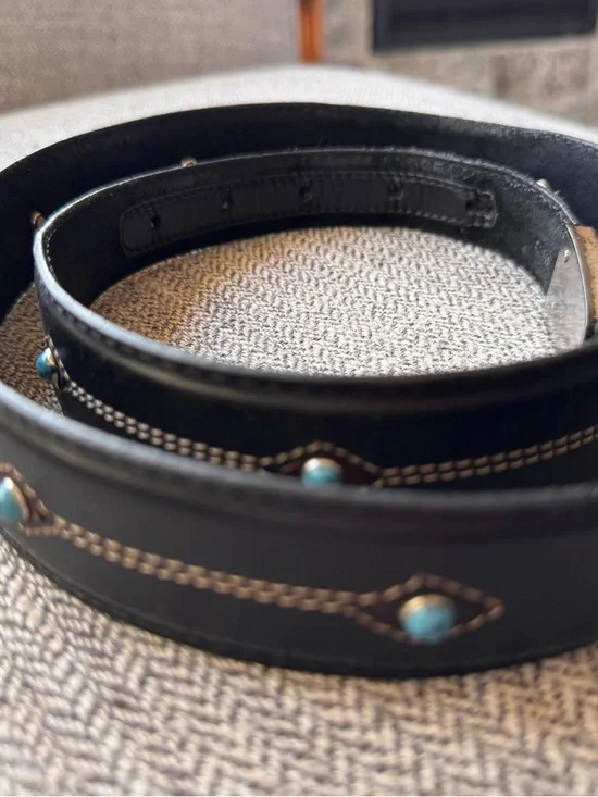 Vintage Brighton black Leather Belt with Turquoise Accents - Size 34 - Picture 1 of 7
